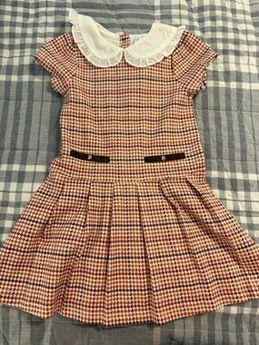 Janie and Jack Red, White, Brown Houndstooth Dress with Peter Pan Collar